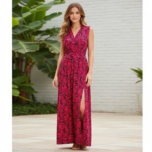 Michael Kors MK Women Purple Pink Maxi Dress Size M Floral Tropical Resort